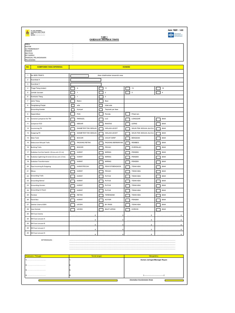 TIER 1 CHECKLIST INSPEKSI TRAFO PDF