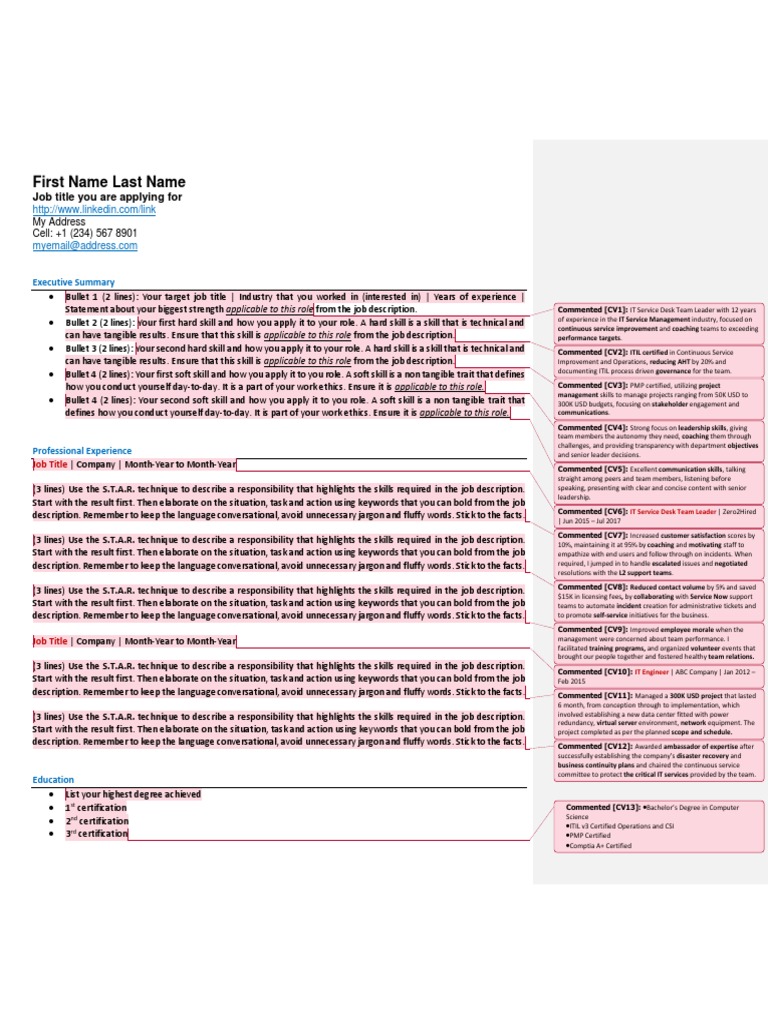 Resume Layout It Service Management Leadership
