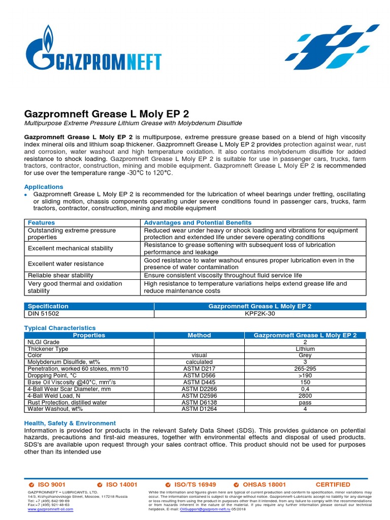 Gazpromneft Grease L Moly EP 2 Eng Ficha Tecnica Download Free PDF