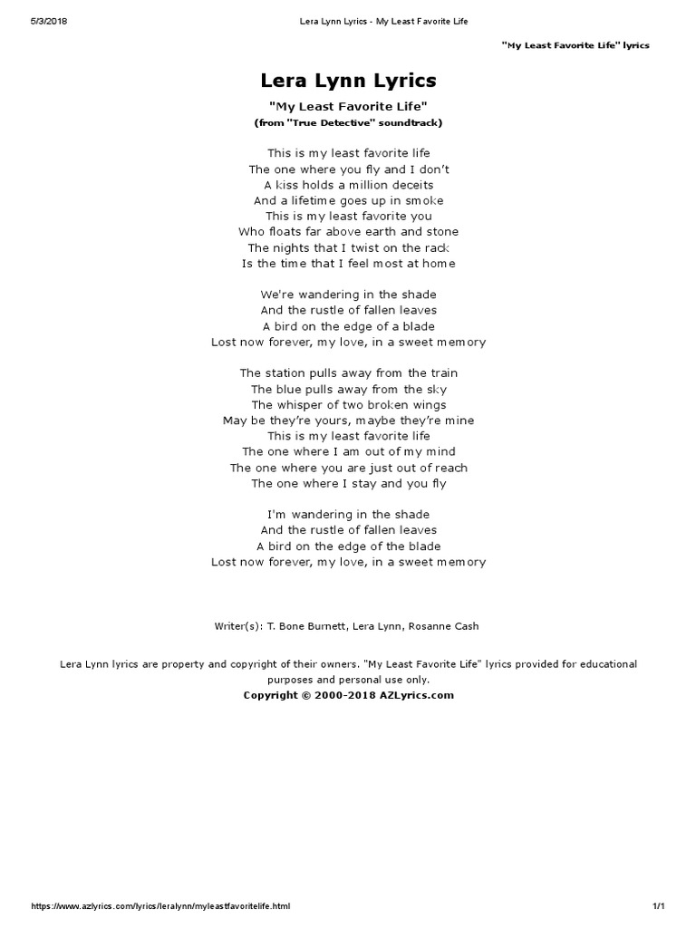 Lera Lynn Lyrics My Least Favorite Life PDF