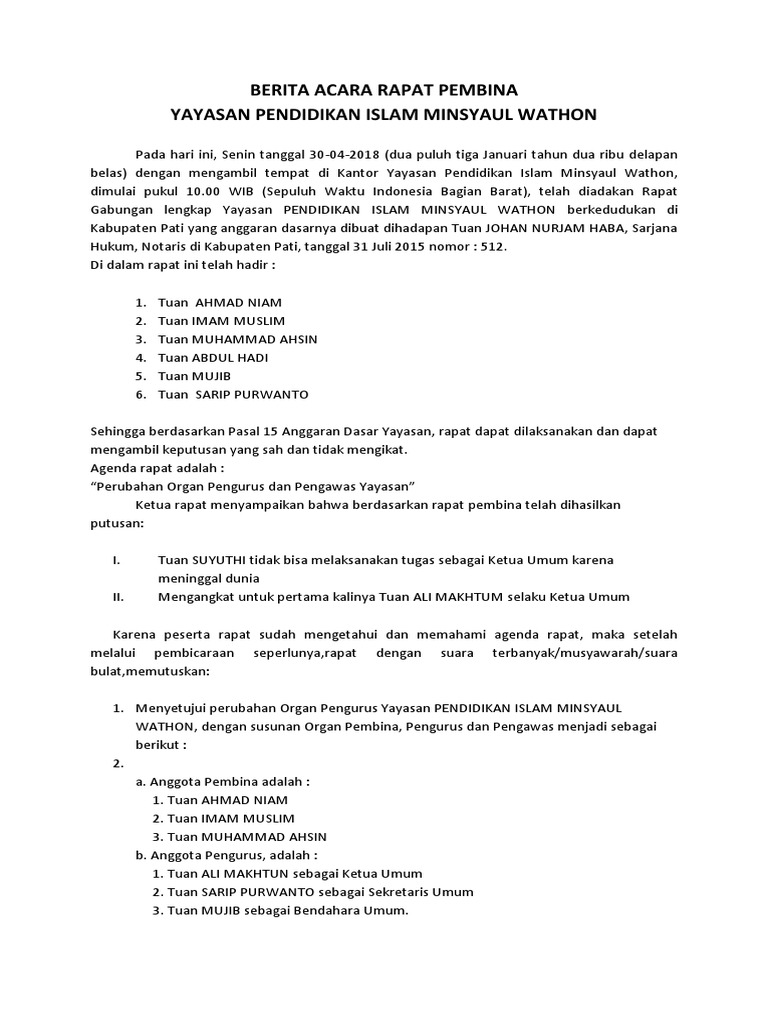 Berita Acara Perubahan Pembina Yayasan