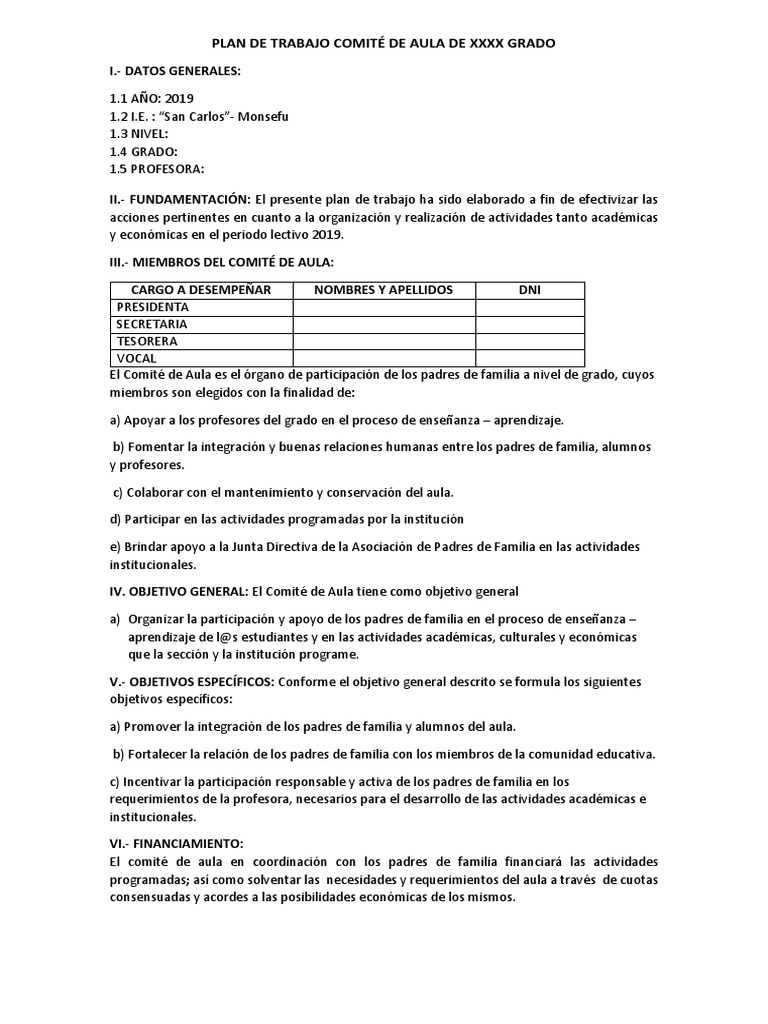 Plan de Trabajo Comité de Aula 2019 | PDF | Salón de clases | Maestros
