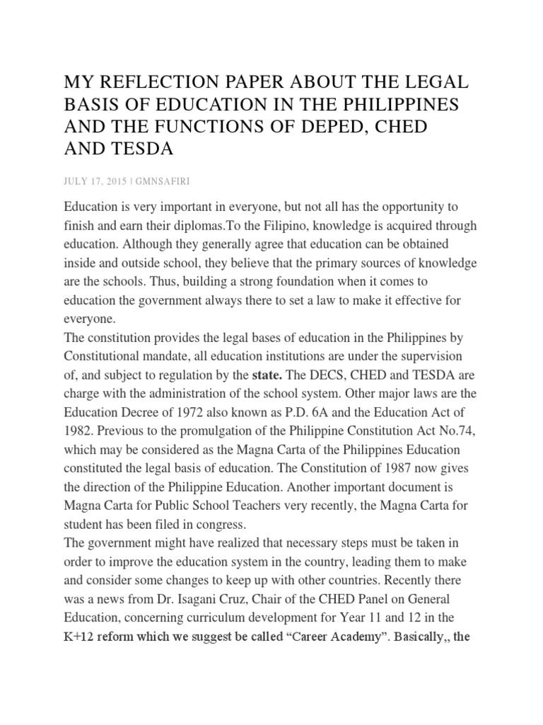 My Reflection Paper About The Legal Basis of Education in The ...