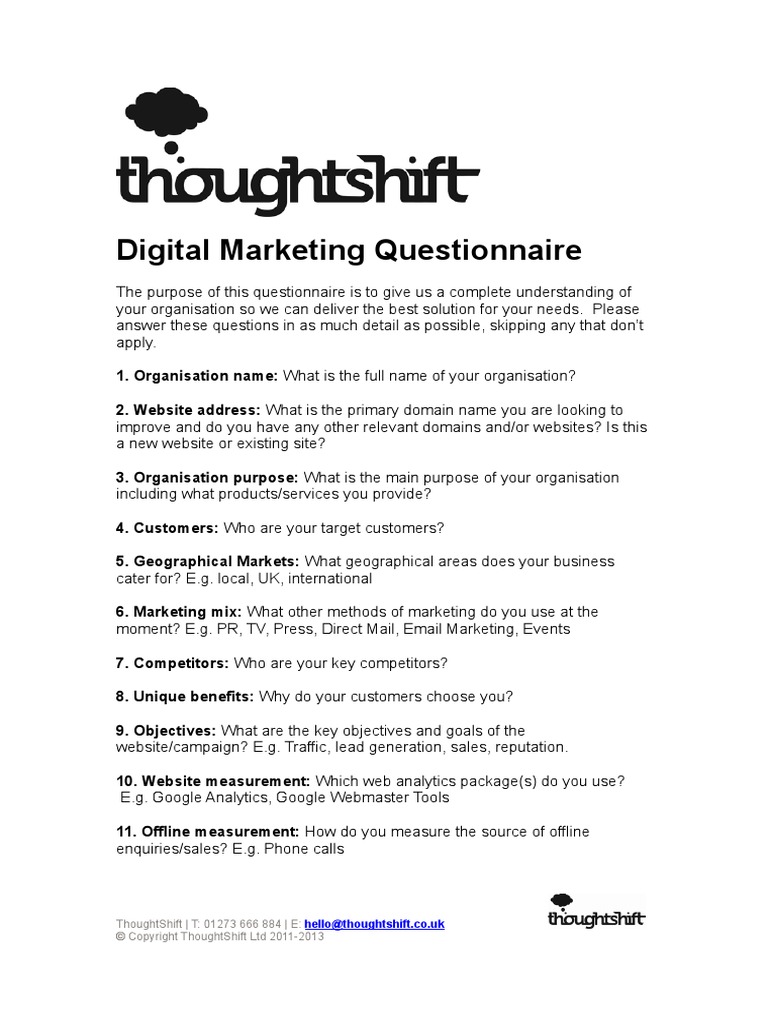 Digital Marketing Questionnaire Thoughtshift T 01273 666 884 E PDF Advertising Websites