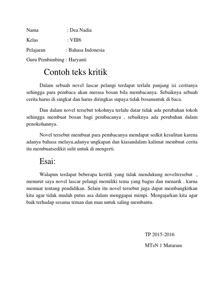 Contoh Teks Kritik Novel Lascar Pelangi | PDF