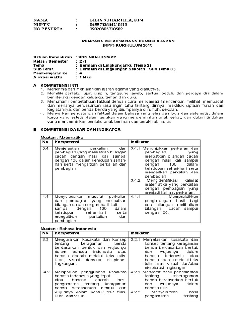 Rpp Tematik Kelas 4 Tema 1 Subtema 2