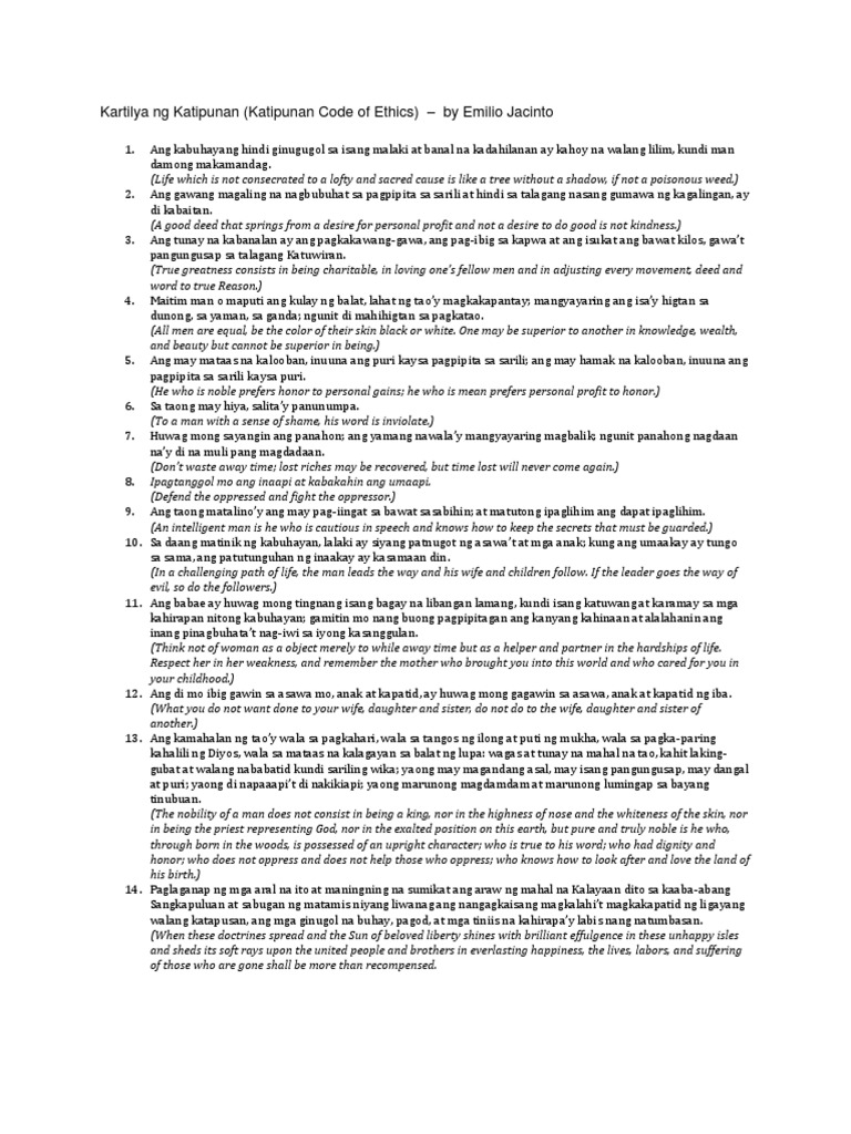 Kartilya NG Katipunan (Katipunan Code of Ethics) by Emilio Jacinto PDF