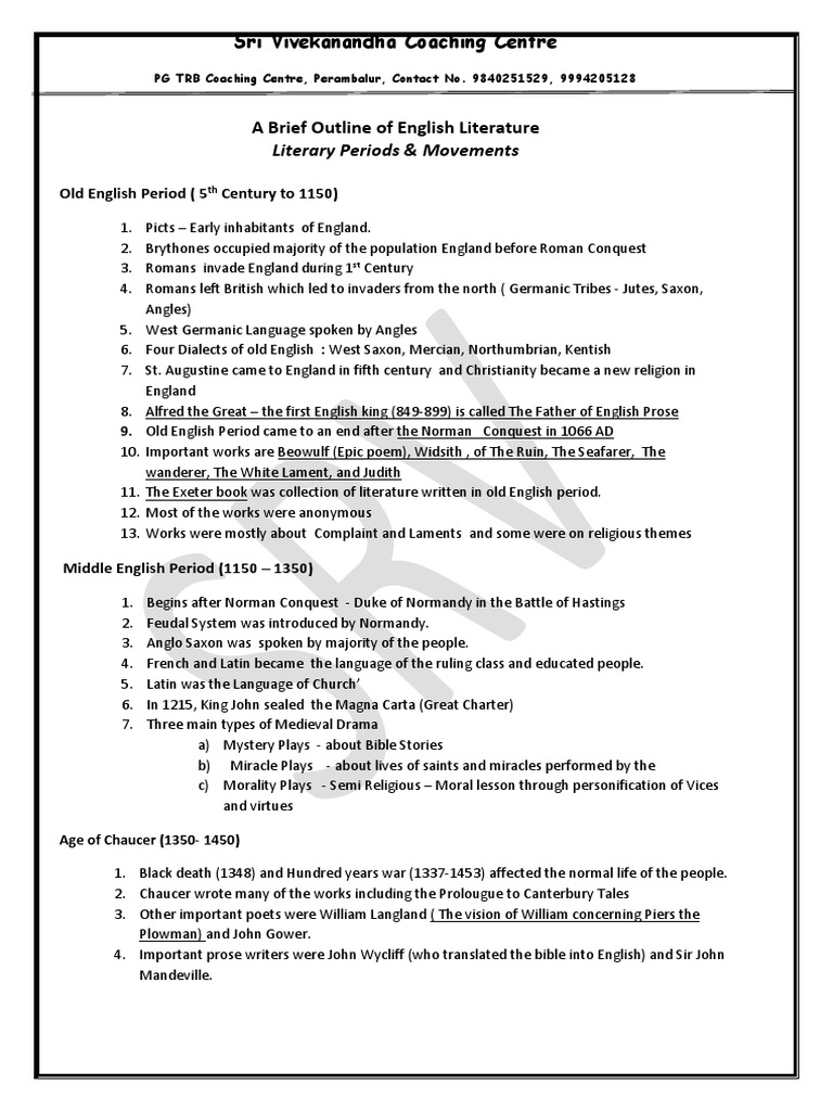 Brief Outline History of English Literature PDF English Literature