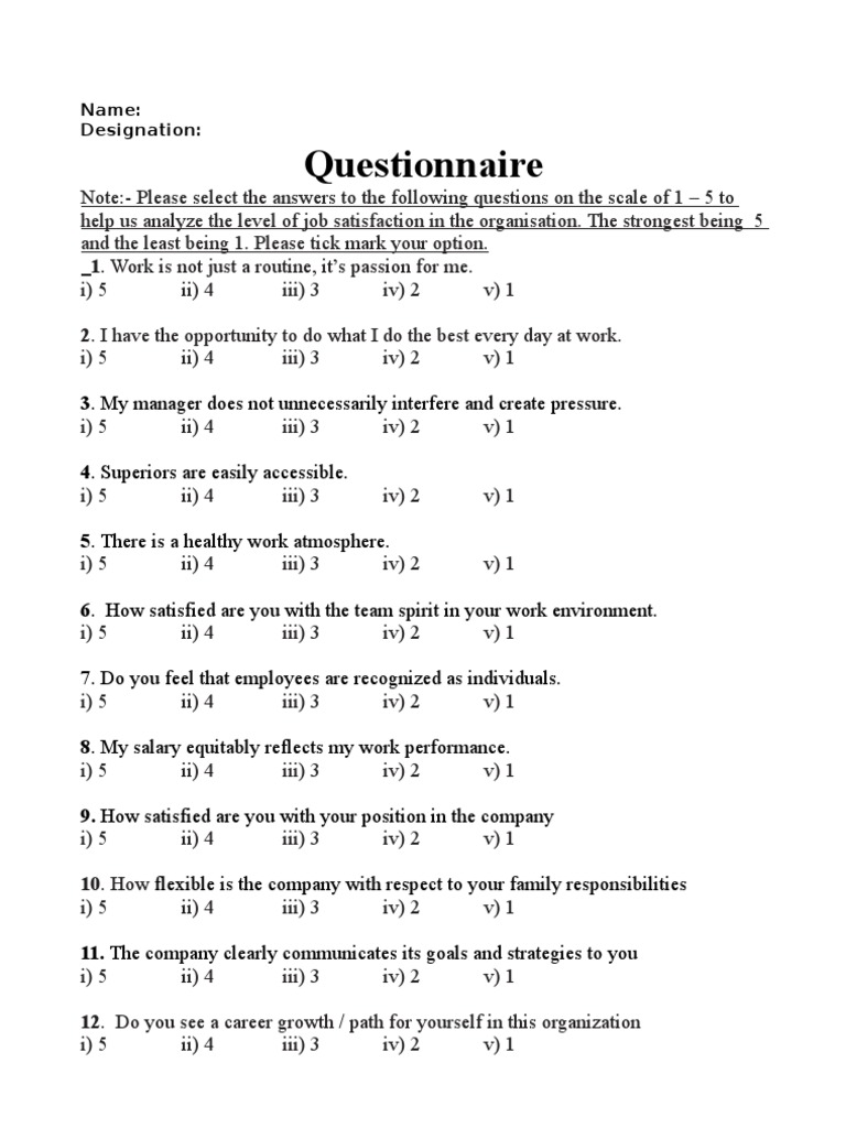 Job Satisfaction Questionnaire Template | PDF | Career & Growth | Self ...