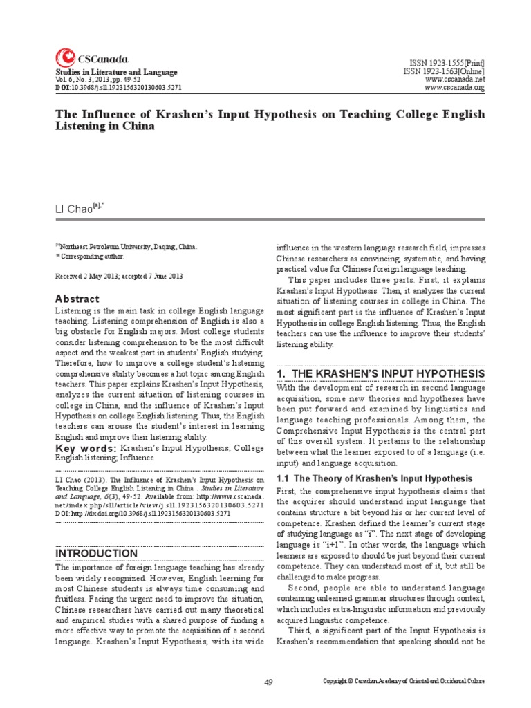Krashen's Input Hypothesis PDF Second Language Acquisition