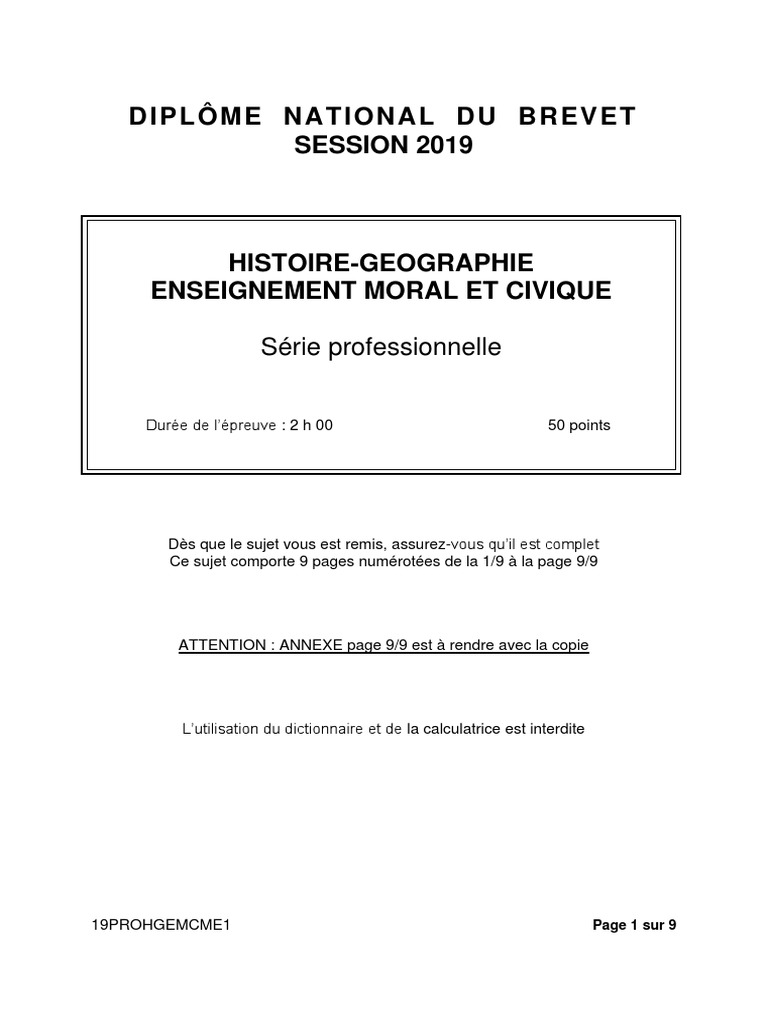 Sujet Brevet Histoire 2016 Pdf Corrigé Brevet Des Collèges 2019: Les Sujets D'histoire-Géographie Série  Professionnelle | PDF | Troubles | La violence