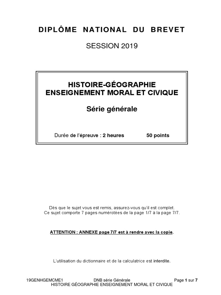 Sujet Brevet Histoire 2022 Serie Generale Brevet des collèges 2019 : les sujets d'Histoire-géographie série