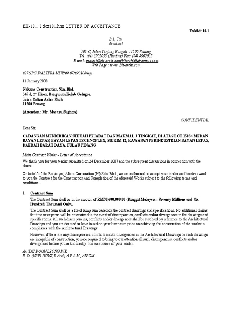 Model Letter of Acceptance PDF Architect General Contractor