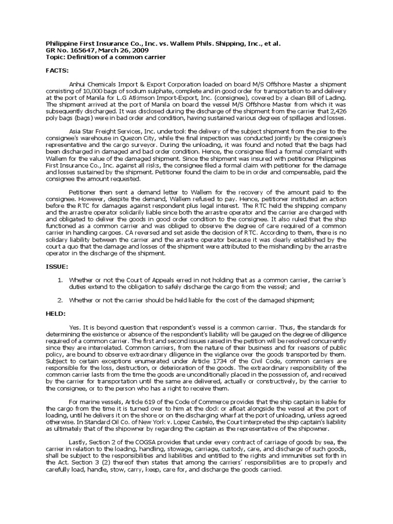 Philippine First Insurance Co | PDF | Common Carrier | Consignee
