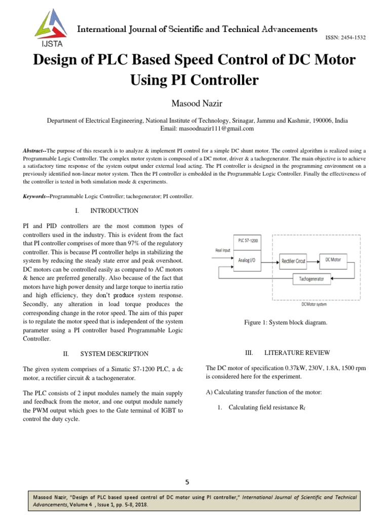 Design of PLC Based Speed Control of DC Motor Using PI Controller | PDF ...
