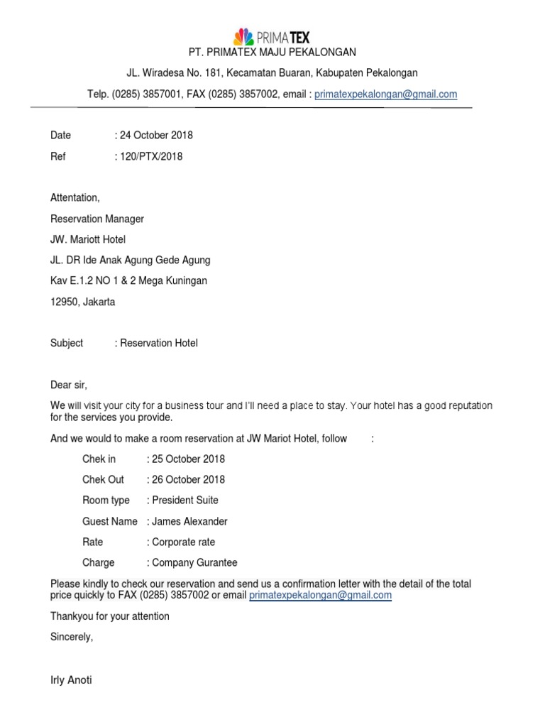 Surat Reservasi Hotel Jurnal Siswa