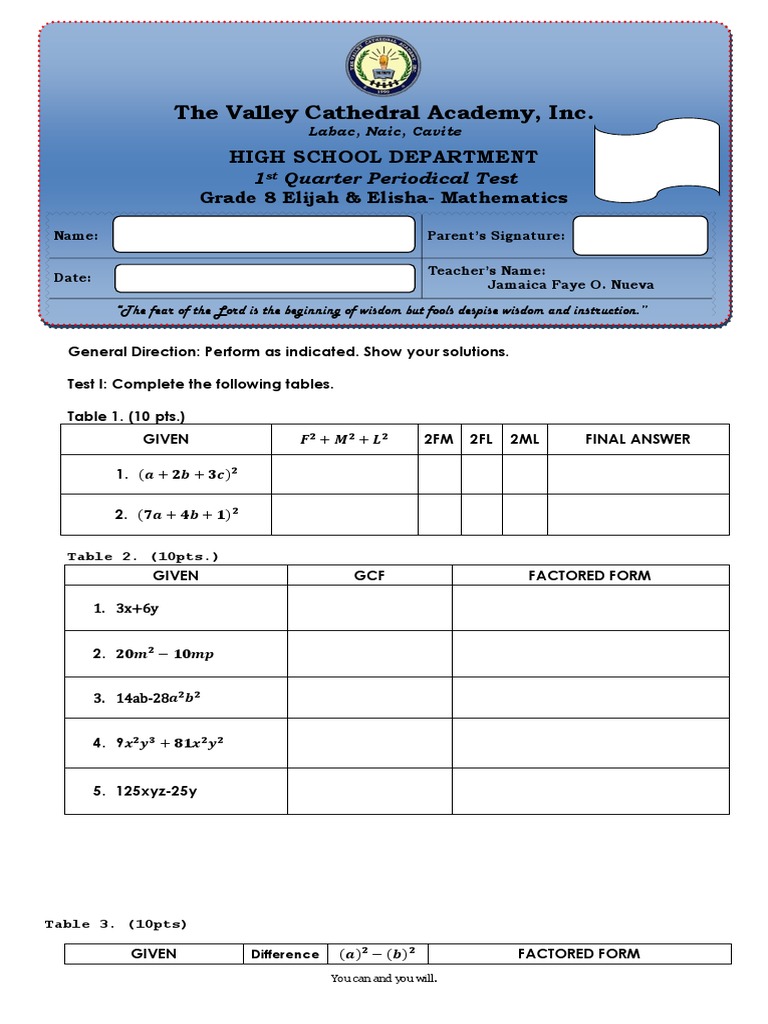 Grade 8 Math Periodical Test Guide | PDF | Mathematical Objects | Equations