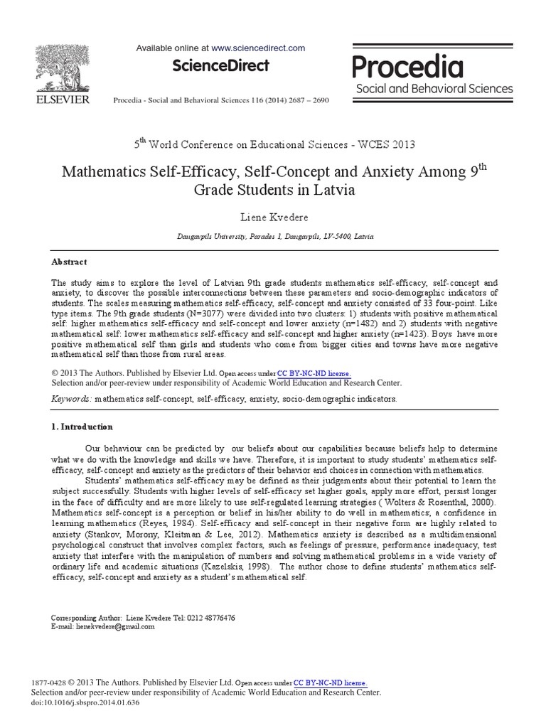 Sciencedirect Mathematics SelfEfficacy, SelfConcept and Anxiety
