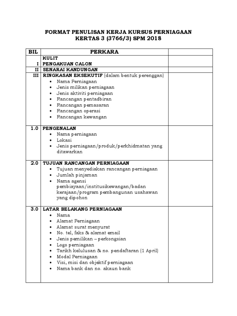 Format Penulisan Kerja Kursus Perniagaan  PDF