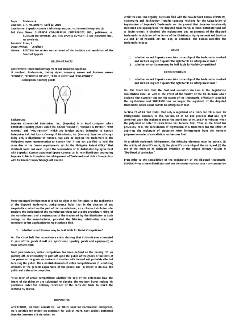 superior sporting goods on Superior Commercial Enterprises Inc Vs Kunnan Enterprises Ltd Trademark Infringement Trademark