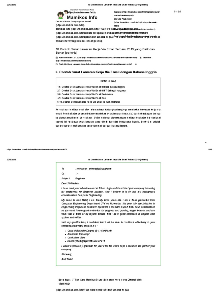 Contoh Surat Lamaran Kerja Email 2019
