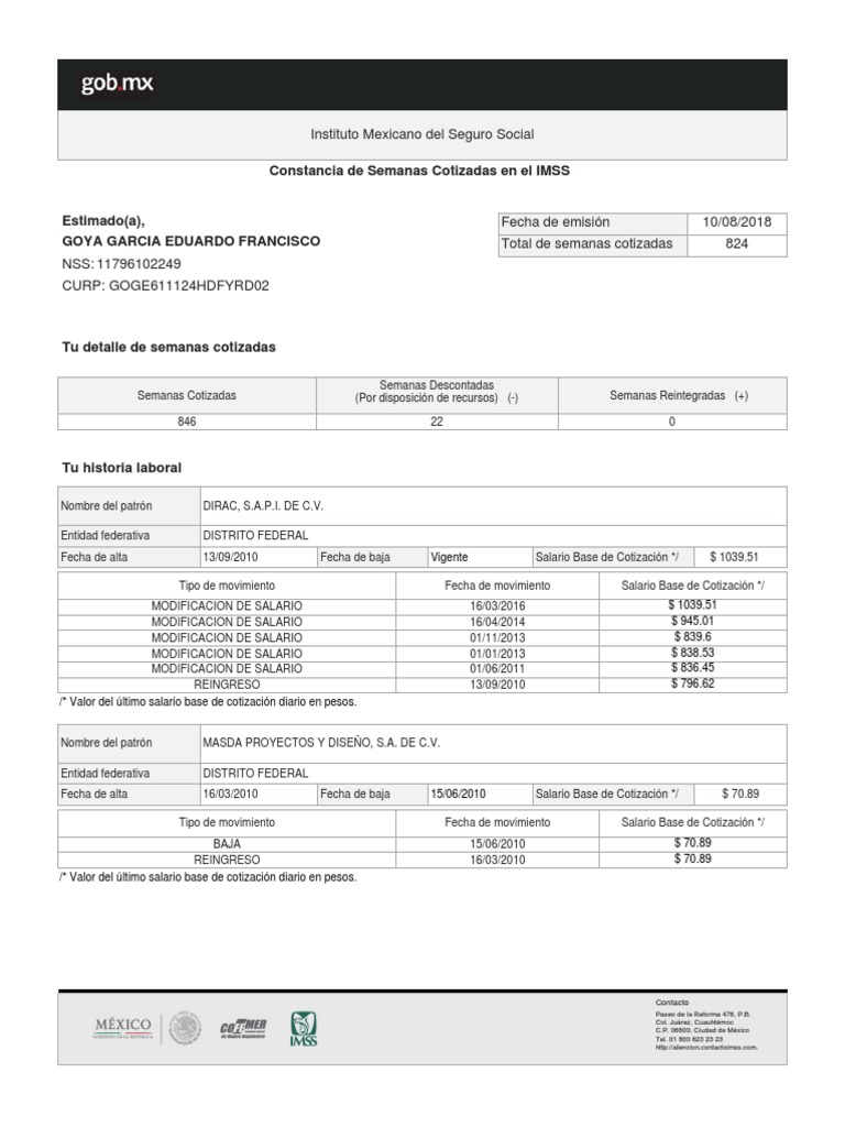 Constancia de Semanas Cotizadas Del Asegurado