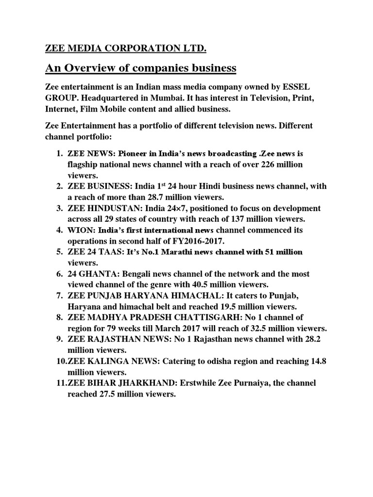 Overview of Zee Media Corporation | PDF | News | Mass Media