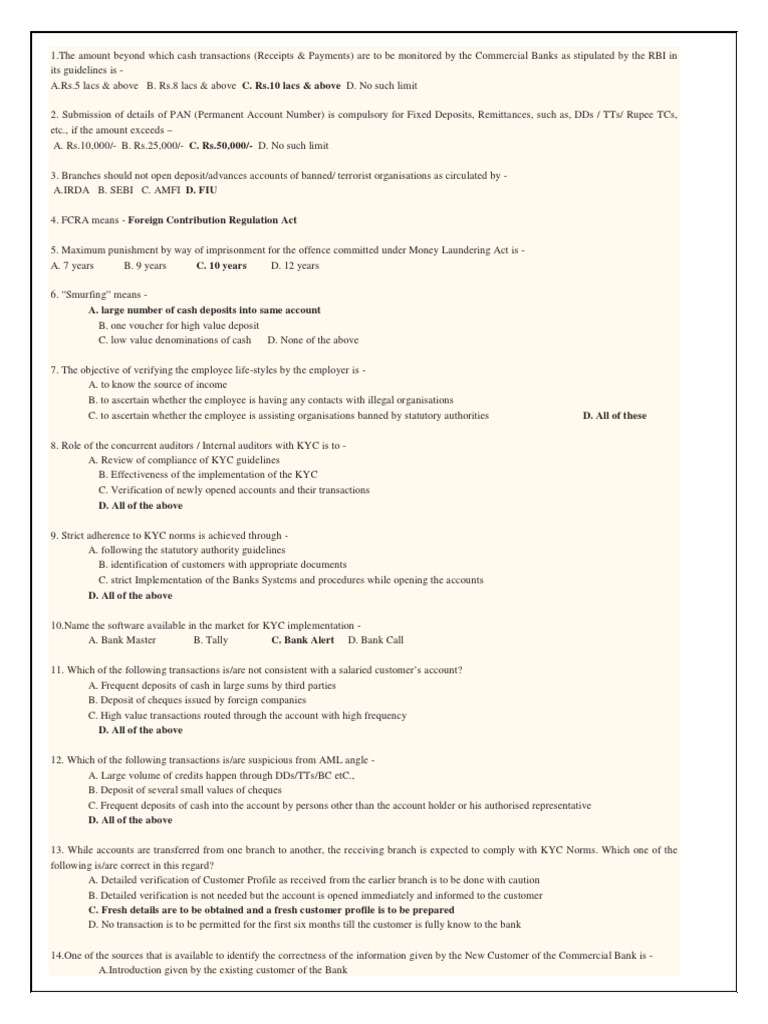 Kyc Aml Mcqs | PDF | Money Laundering | Cheque