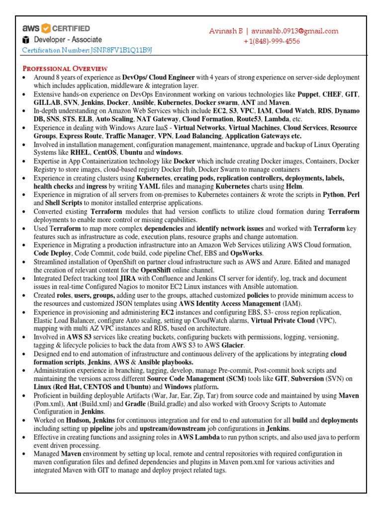 Devops Resume Pdf Cloud Computing Amazon Web Services