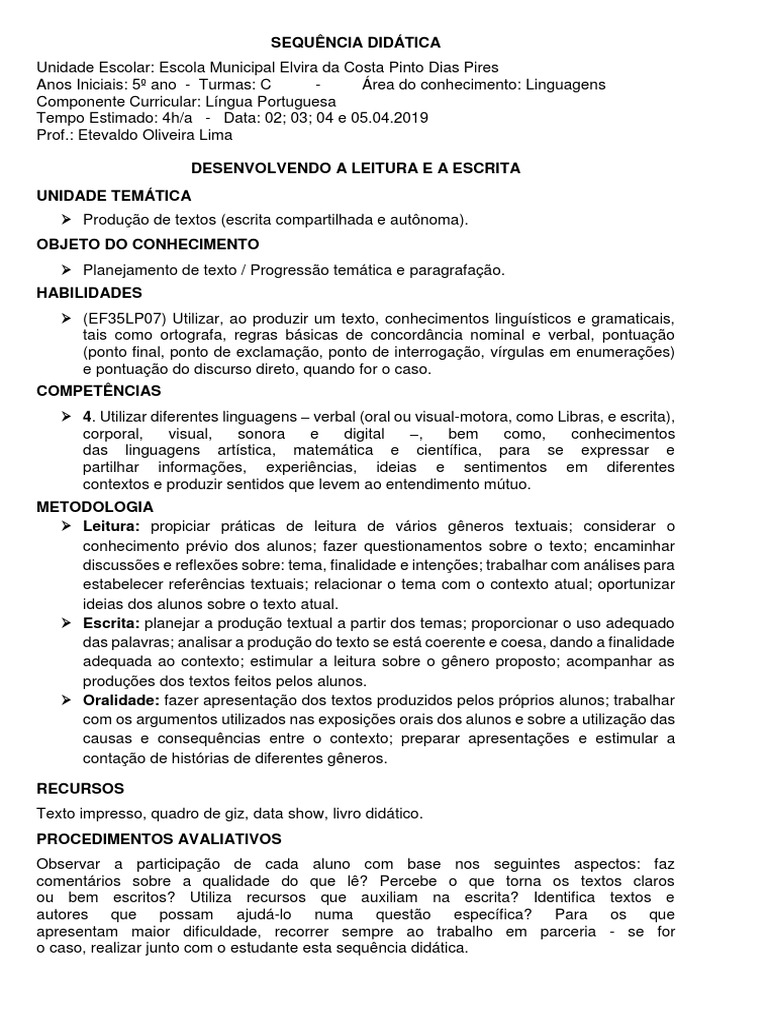 Plano de Aula - 5º Ano - Leitura e Interpretação | Semiótica | Conhecimento