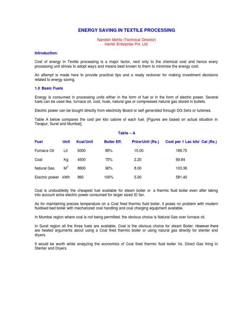 Energy Savings in Textile Processing | PDF | Boiler | Clothes Dryer