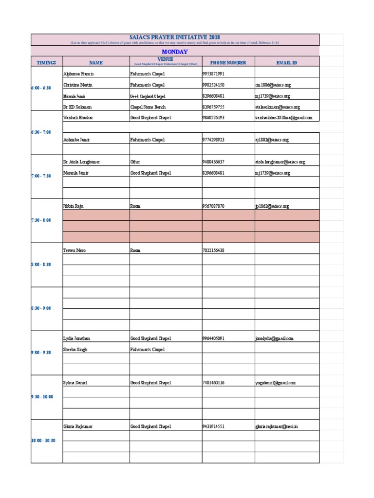 Saiacs Prayer Roster 2018-2019 | PDF