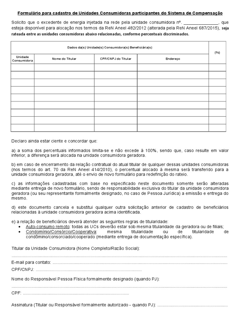 Formulário Para Cadastro de Unidades Consumidoras Participantes Do ...
