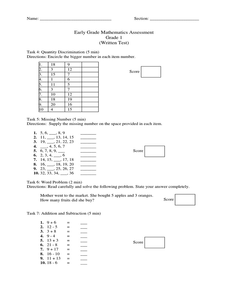 Grade 1 Mathematics Assessment Test | PDF | Teaching Mathematics ...