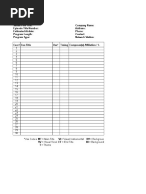 Blank Cue Sheet Template for Film