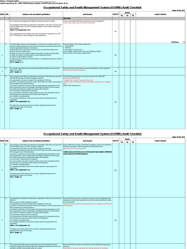OSHMS Audit Checklist Overview | PDF | Risk Assessment | Occupational ...