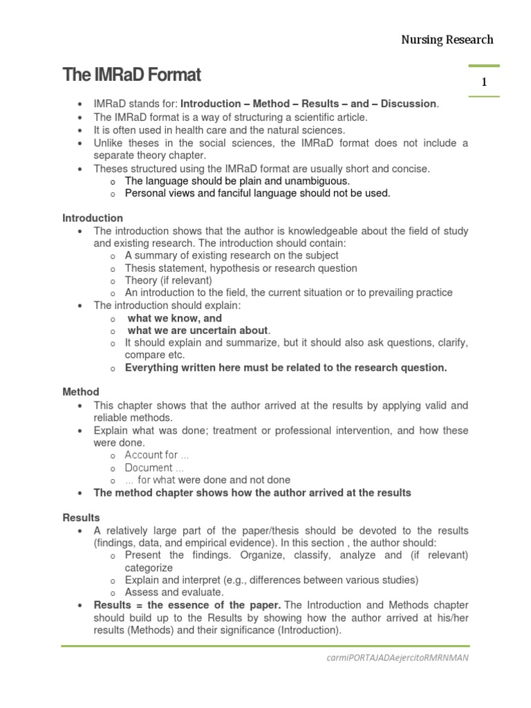 Imrad Format Scientific Method Inquiry