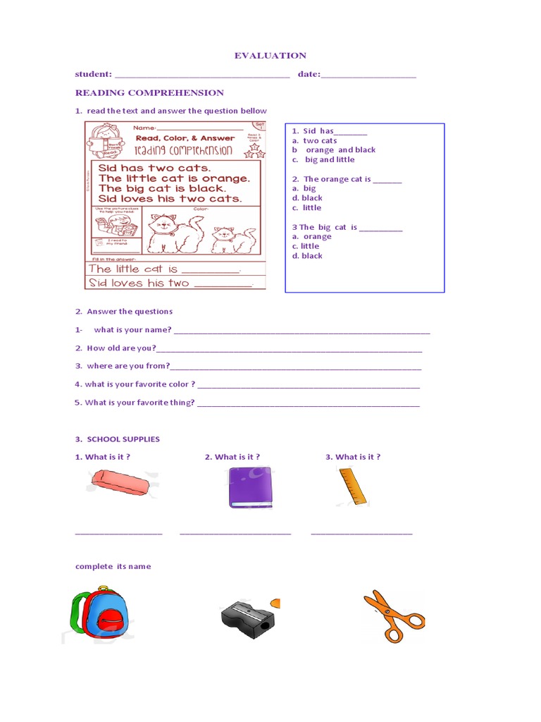 Evaluación de Inglés Grado Primero | PDF