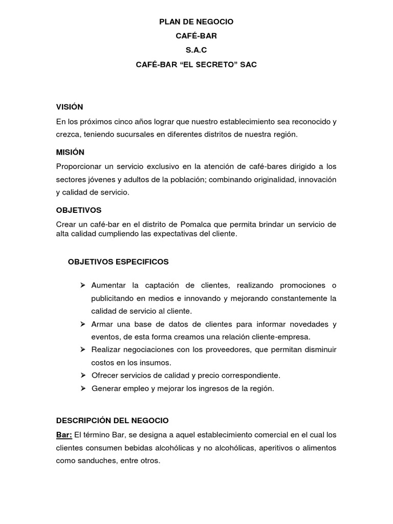 Plan de Negocio Proyecto Cafebar | PDF | Postres | Cafetería