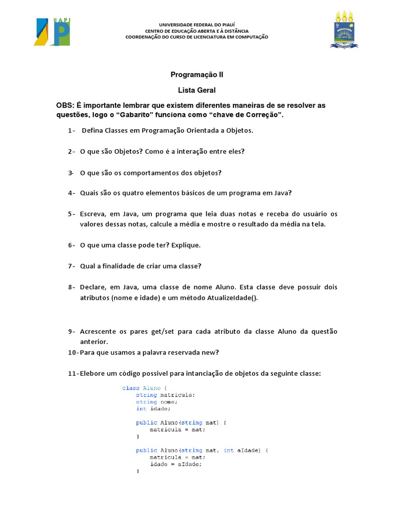 Lista de Exercícios de Programação em Java | PDF | Classe (programação ...