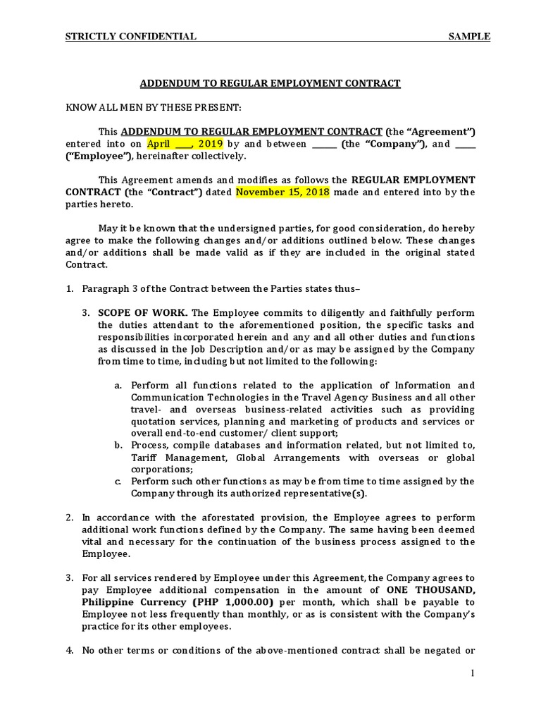 Addendum to Employment Contract Sample | PDF | Employment | Common Law