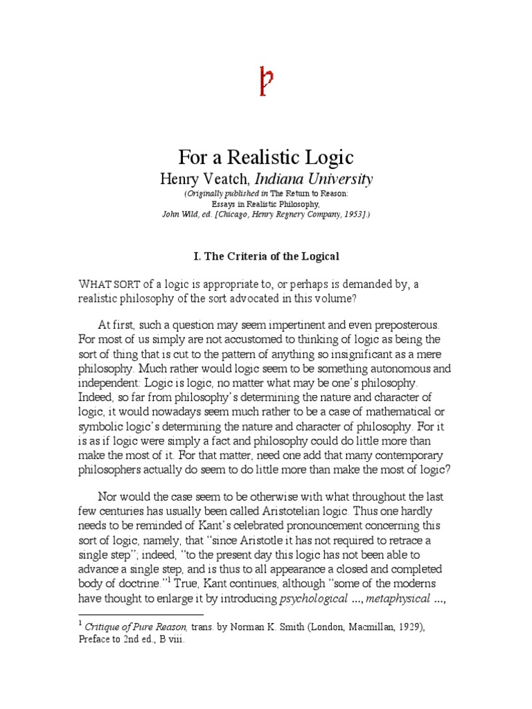 For A Realistic Logic: Henry Veatch, Indiana University | PDF | Logic ...