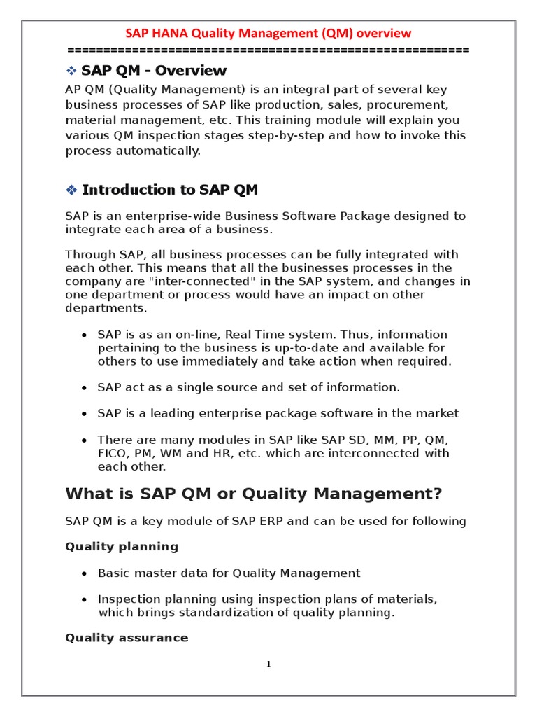 SAP HANA QM Module Overview | PDF | Sampling (Statistics) | Quality ...