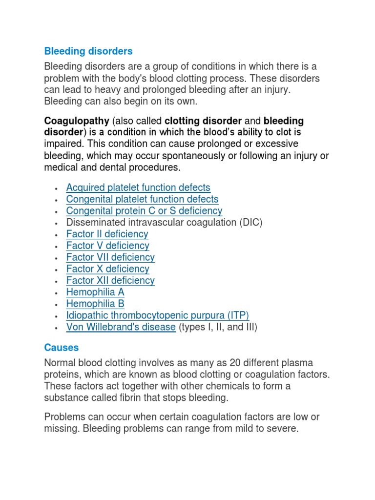 Bleeding Disorders: Coagulopathy (Also Called Clotting Disorder and Bleeding  Disorder, PDF, Coagulation