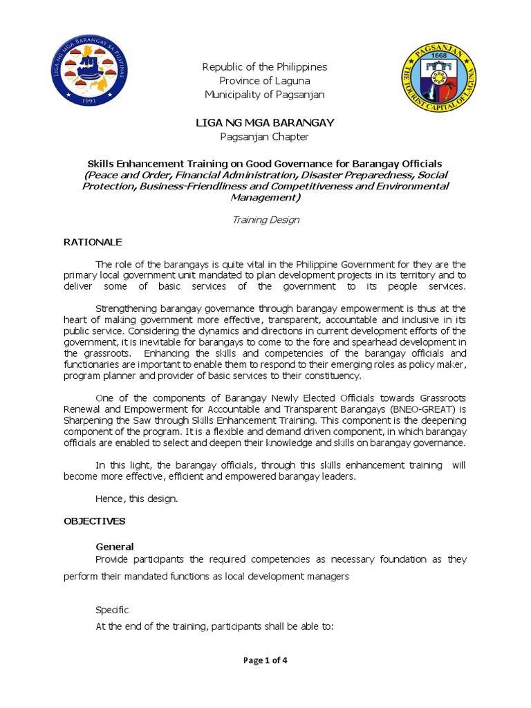 Skills Training for Barangay Governance | PDF | Emergency Management ...