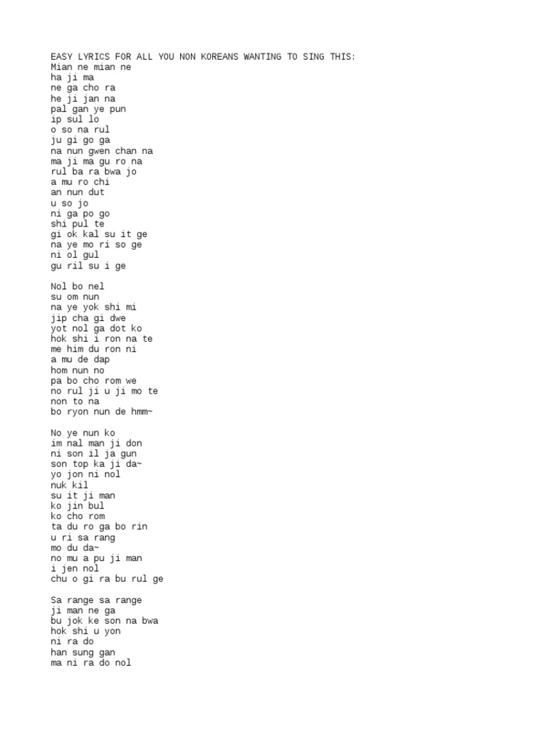 Eyes Nose Lips Lyrics PDF