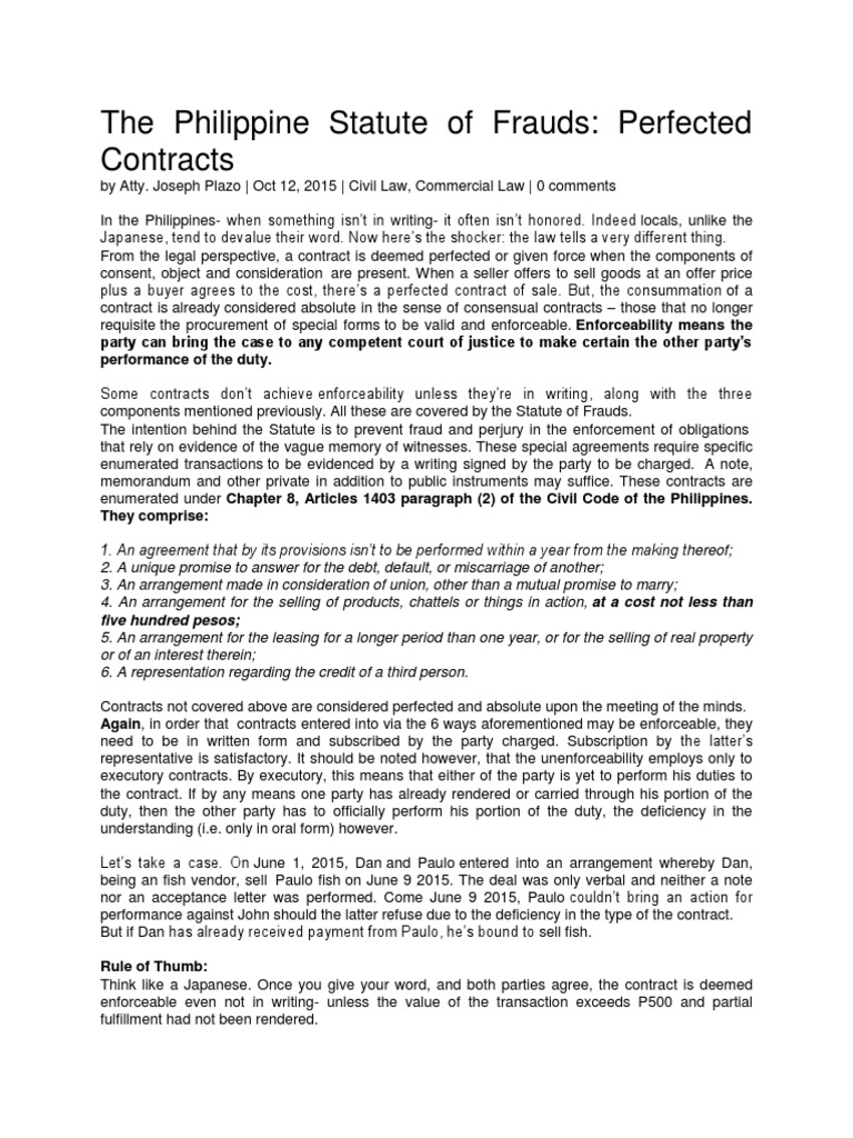 The Philippine Statute of Frauds PDF Private Law Common Law