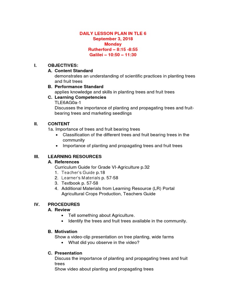 Daily Lesson Plan In Tle 6 Agriculture Docx Lesson Plan Debits And Credits