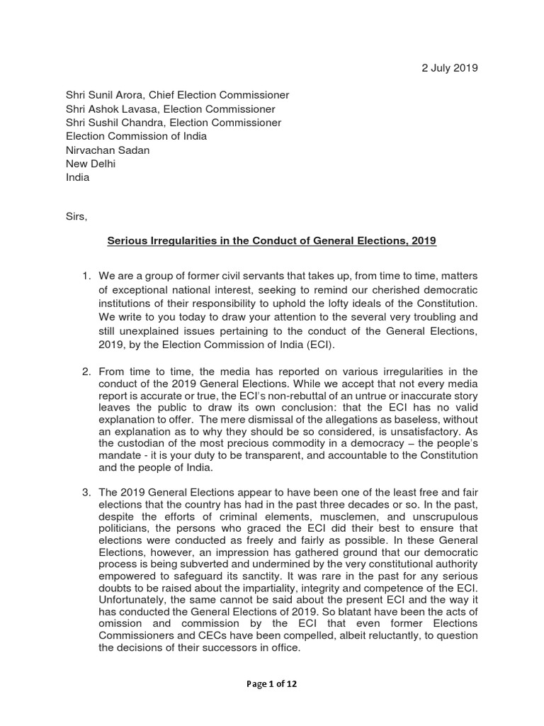 Letter To Election Commissioners Concerning Conduct of 2019 General