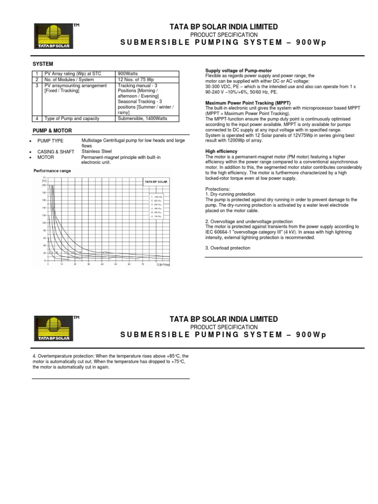 900W Submersible Solar Pump Specs | PDF | Electric Motor | Power Supply